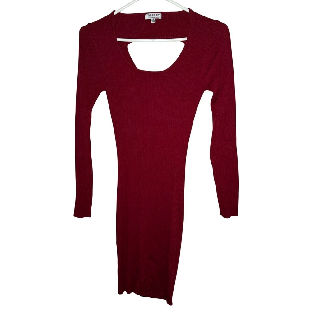 Fashion Nova Long Sleeve Bodycon Dress Burgundy Ribbed Cutout Open Back Medium